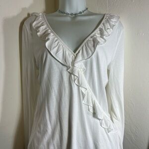 Lilly Pulitzer White Ruffle V-Neck Long Sleeve Top
